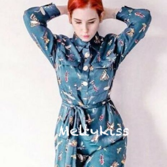 NWT ZARA INSECT PRINT MIDI DRESS WITH BELT Sz-M - Picture 2 of 8